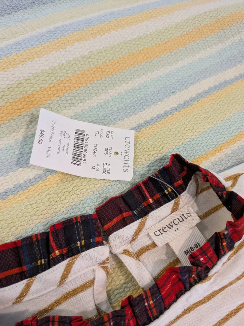 ✨ NEW NWT Crewcuts Gold Striped Tartan Collar Holiday Top Size Medium 8-9